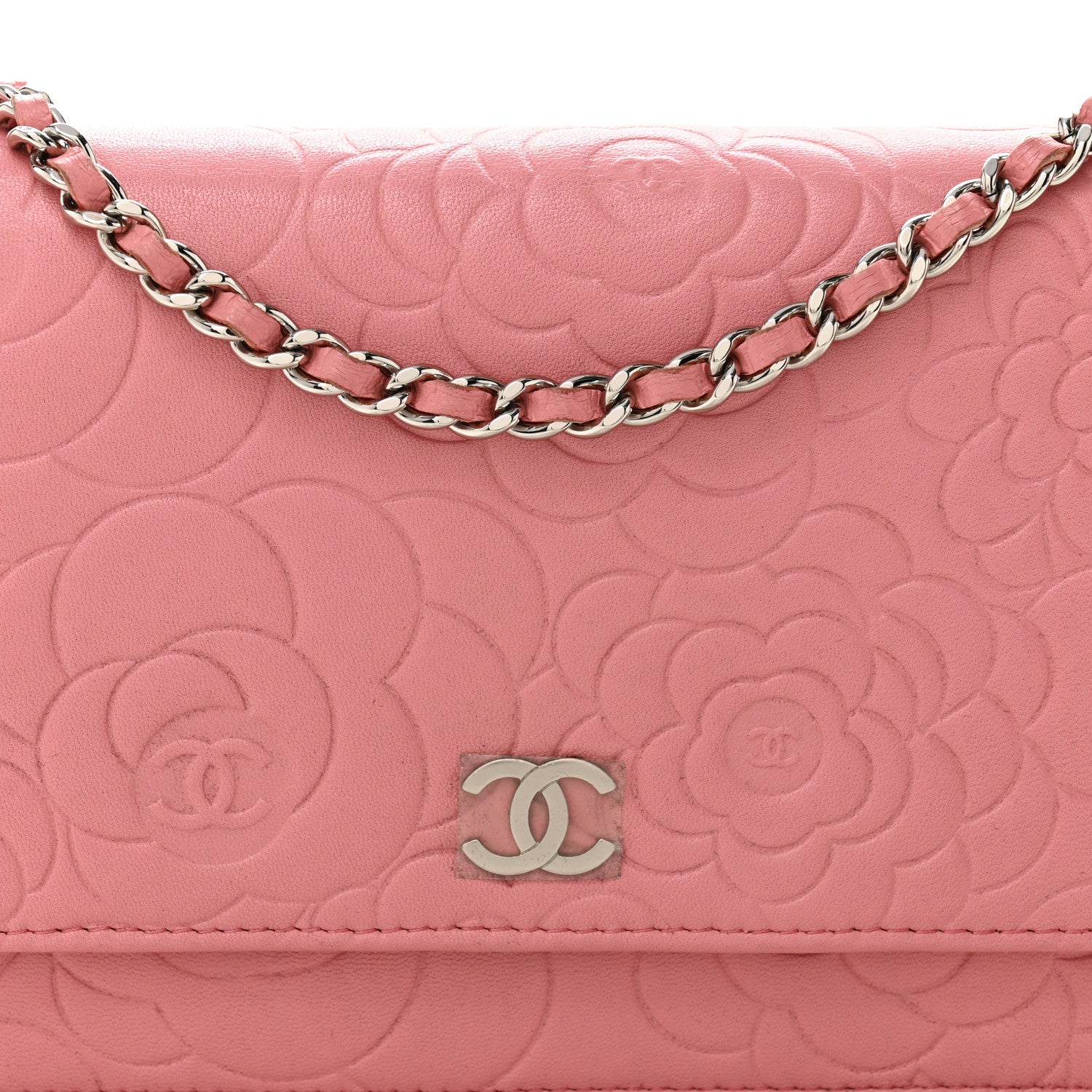 Chanel Lambskin Camellia Embossed Wallet on Chain WOC Pink 9 of 12