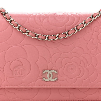 Chanel Lambskin Camellia Embossed Wallet on Chain WOC Pink 9 of 12