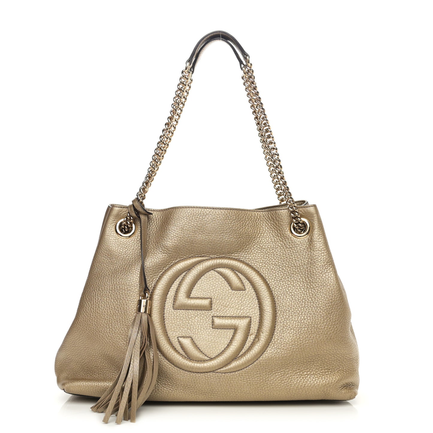 Metallic Pebbled Calfskin Medium Soho Chain Shoulder Bag Golden Beige