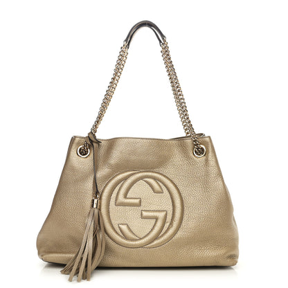 Gucci Metallic Pebbled Calfskin Medium Soho Chain Shoulder Bag Golden Beige 1 of 11