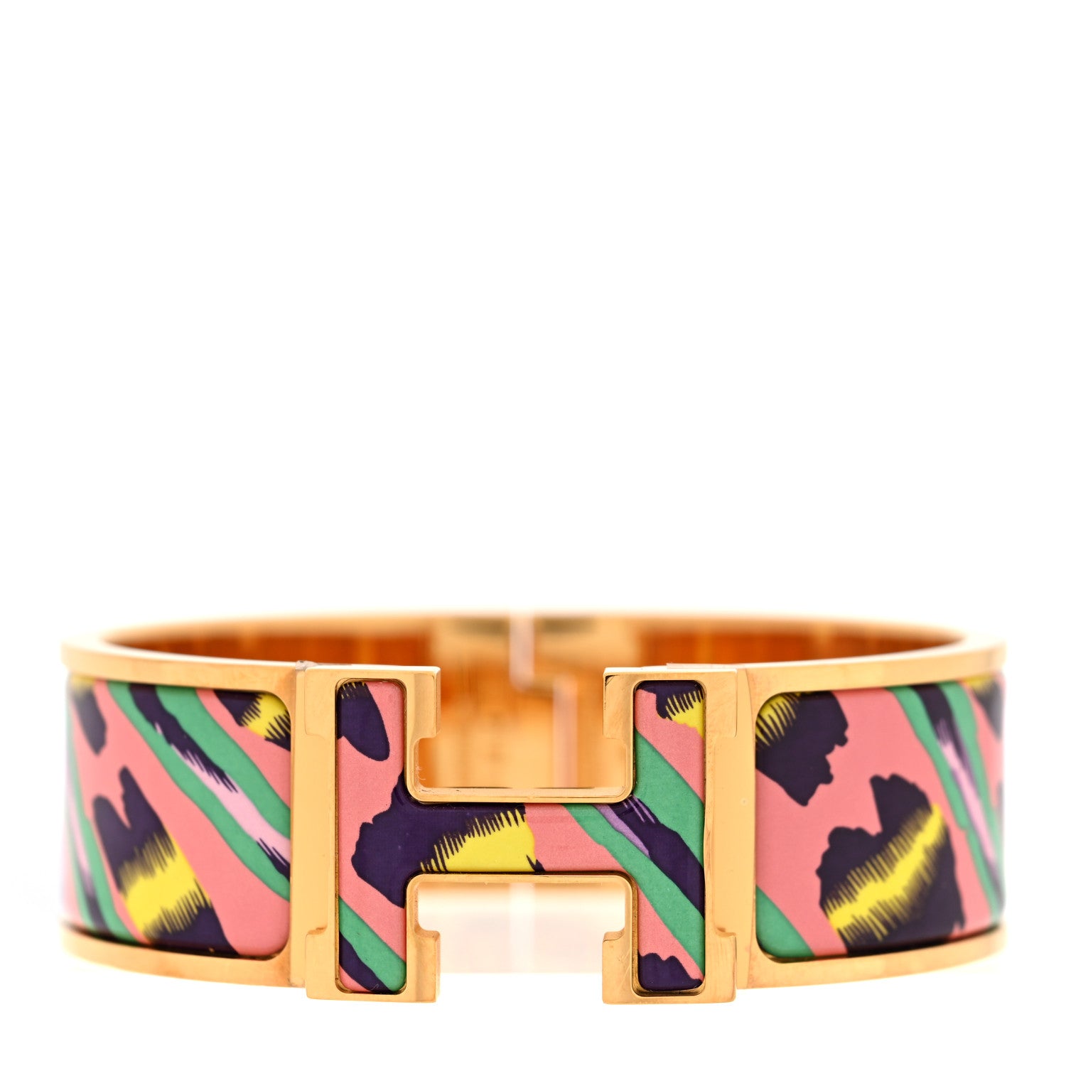 Hermes Enamel Printed Wide Le Chat Carre Click Clac H Bracelet PM Tropique 1 of 4