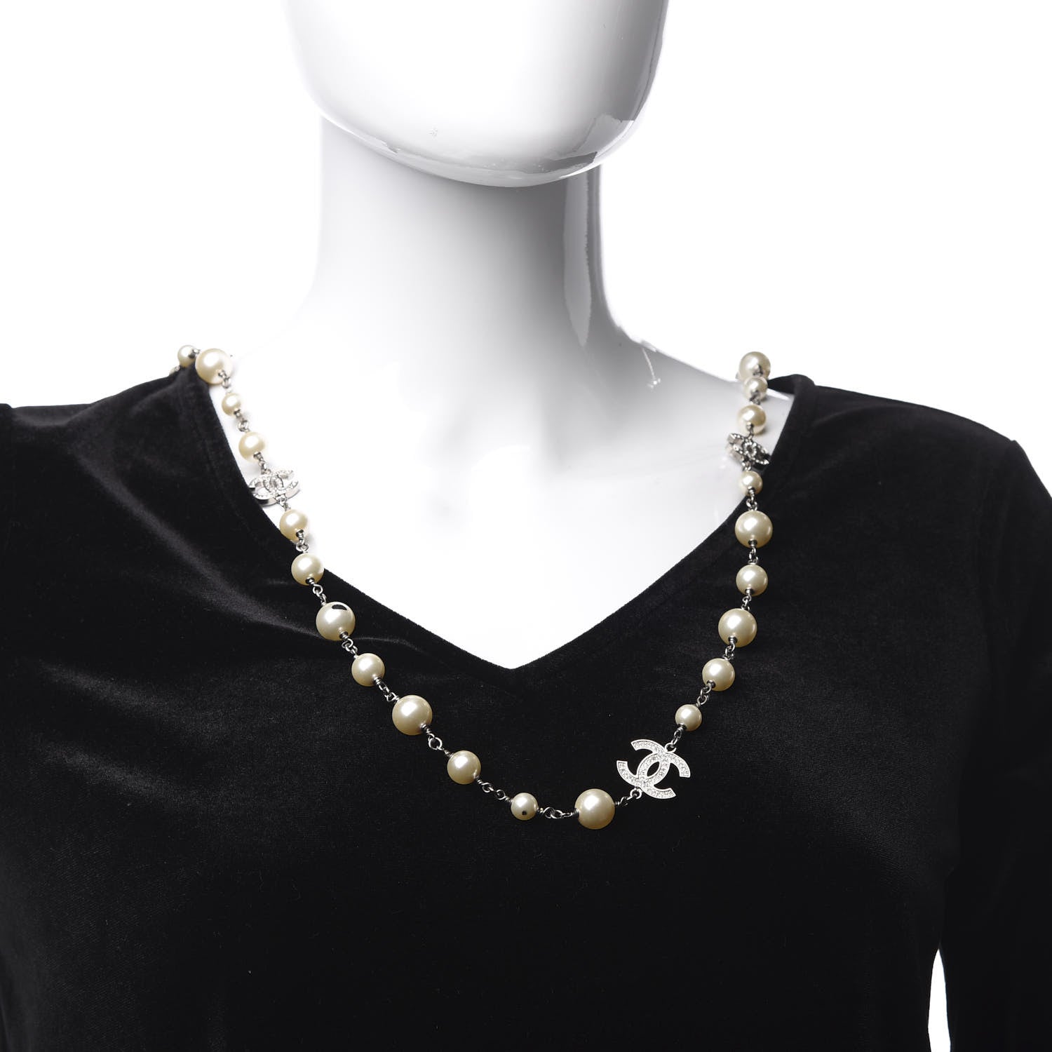 Chanel Crystal Pearl CC Long Necklace Silver 2 of 8