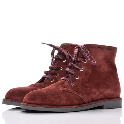 Chanel Suede Calfskin Lace Up Short Boots 37 Burgundy 3 of 10