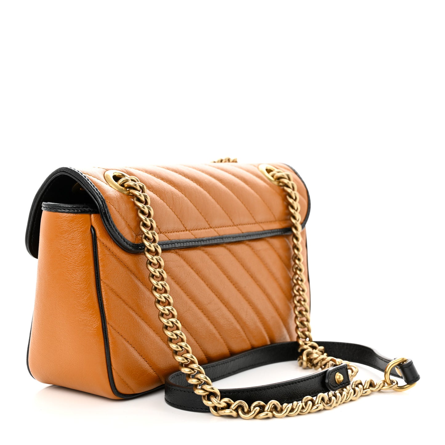 Vintage Effect Calfskin Matelasse Diagonal Small Torchon GG Marmont Shoulder Bag Cognac Black