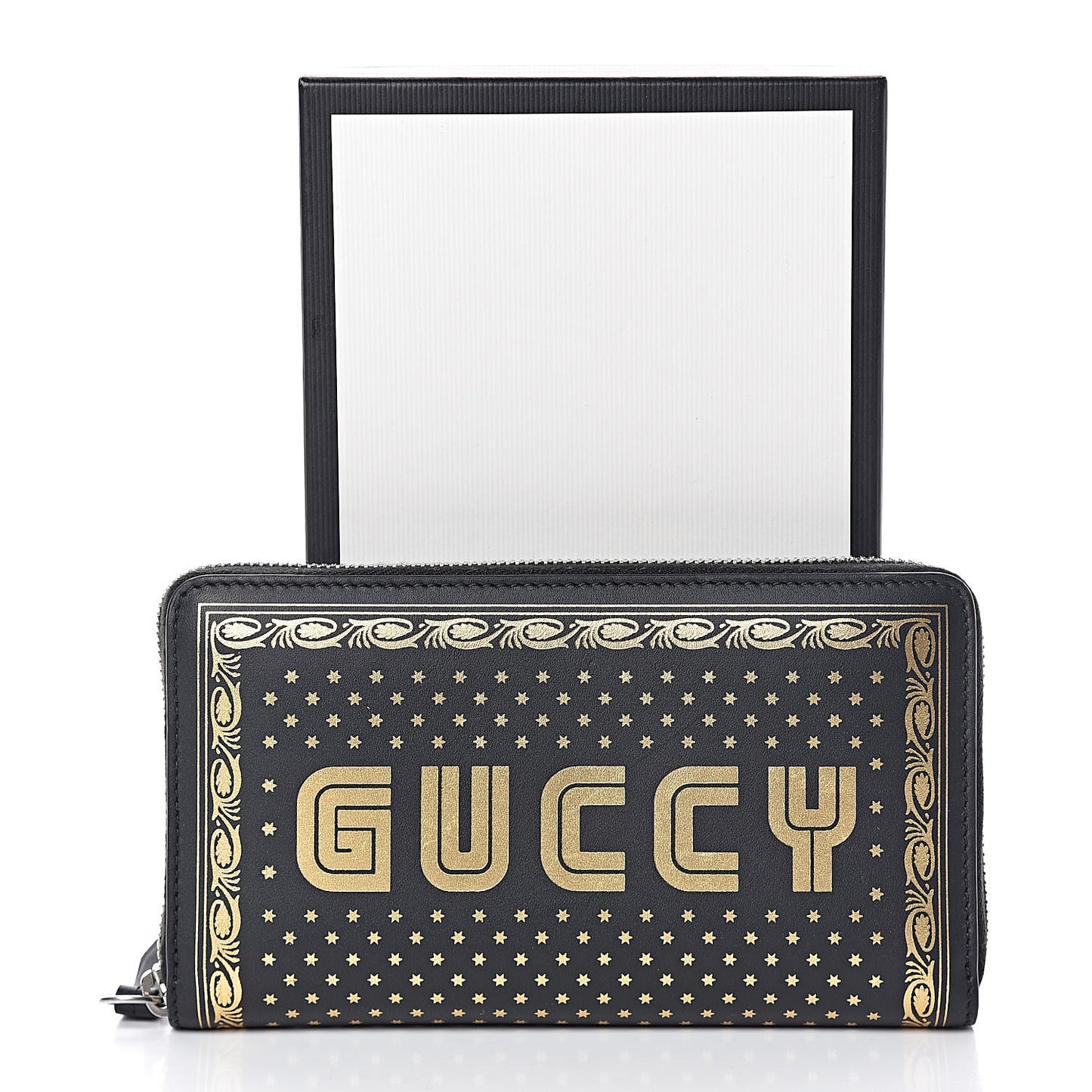 X SEGA Calfskin GUCCY Stars Zip Around Wallet Black Gold