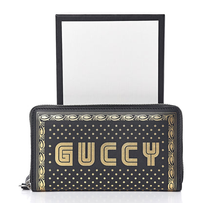 Gucci X SEGA Calfskin GUCCY Stars Zip Around Wallet Black Gold 8 of 8
