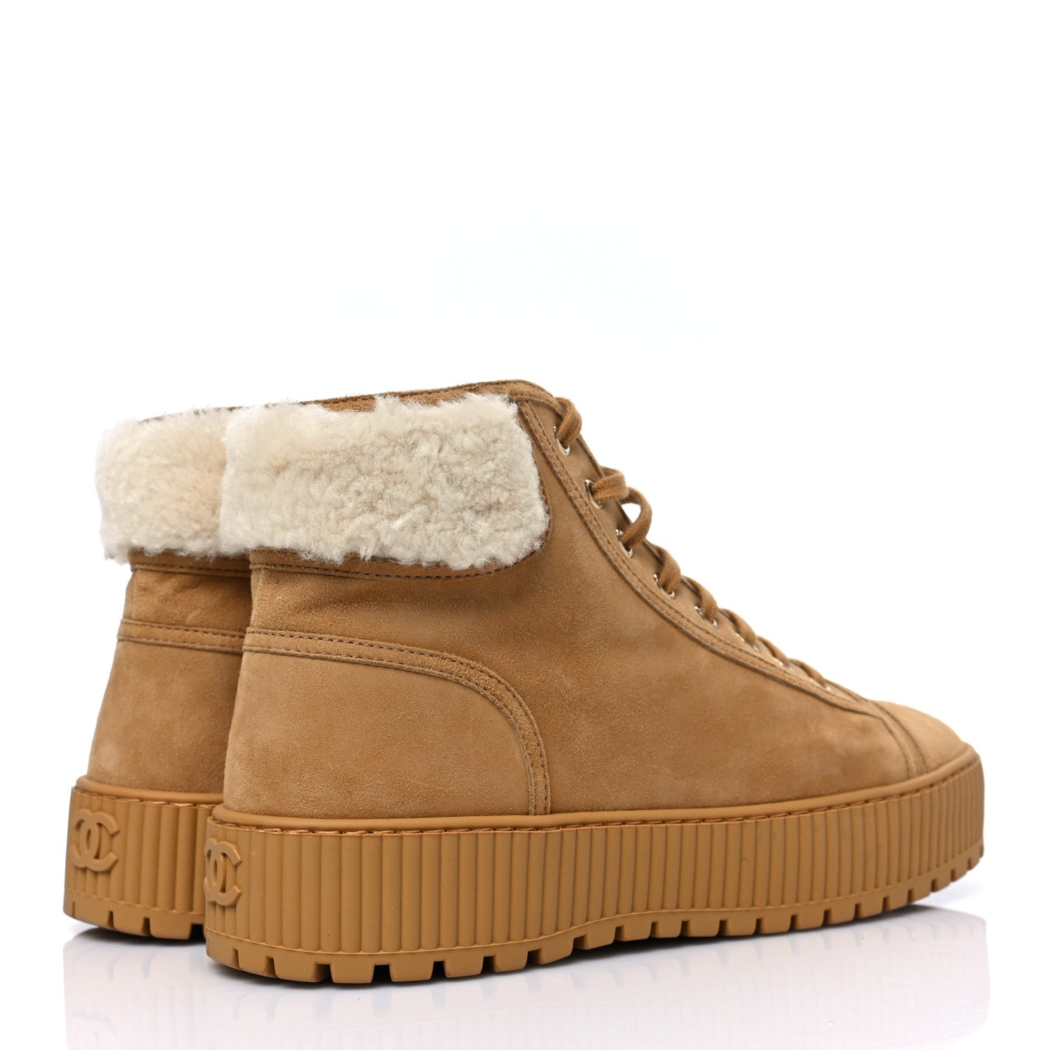 Chanel Kid Suede Shearling Sheepskin Lace Up Boots 41 Beige Ivory 4 of 8