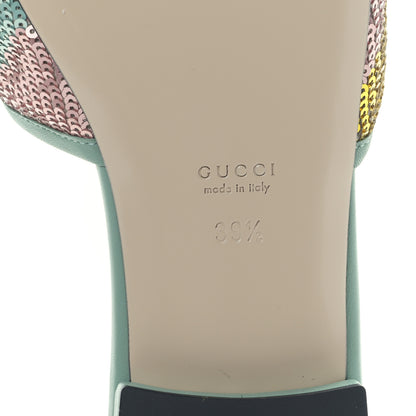 Gucci Sequin Satin Calfskin Matelasse GG Marmont Flat Slide Sandals 39.5 Grigio Argento Verde Chiaro Rosa Giallo Light Water Green 6 of 8