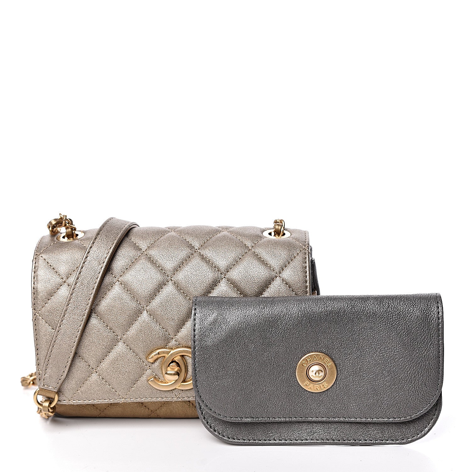 Chanel Lambskin Quilted Private Affair Camellia Flap Pale Gold Silver Dark Gold 3 of 14