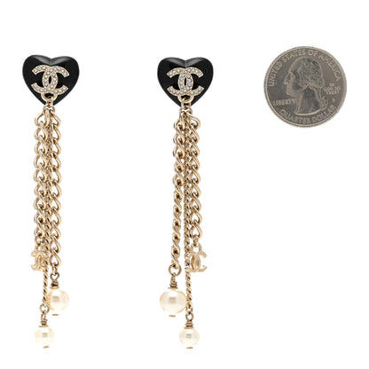 Chanel Resin Crystal Pearl CC Heart Chain Earrings Black Gold 2 of 5