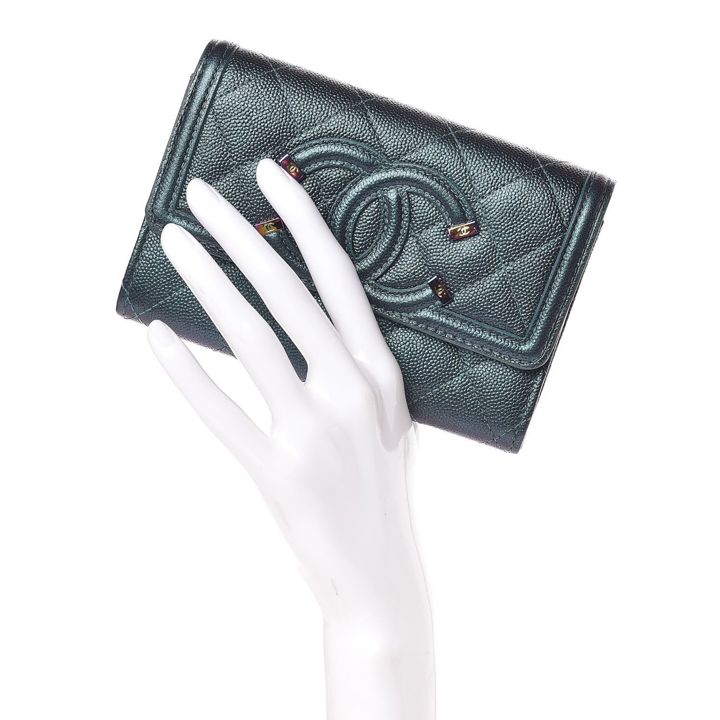 Iridescent Caviar Quilted Medium Filigree Flap Wallet Dark Turquoise