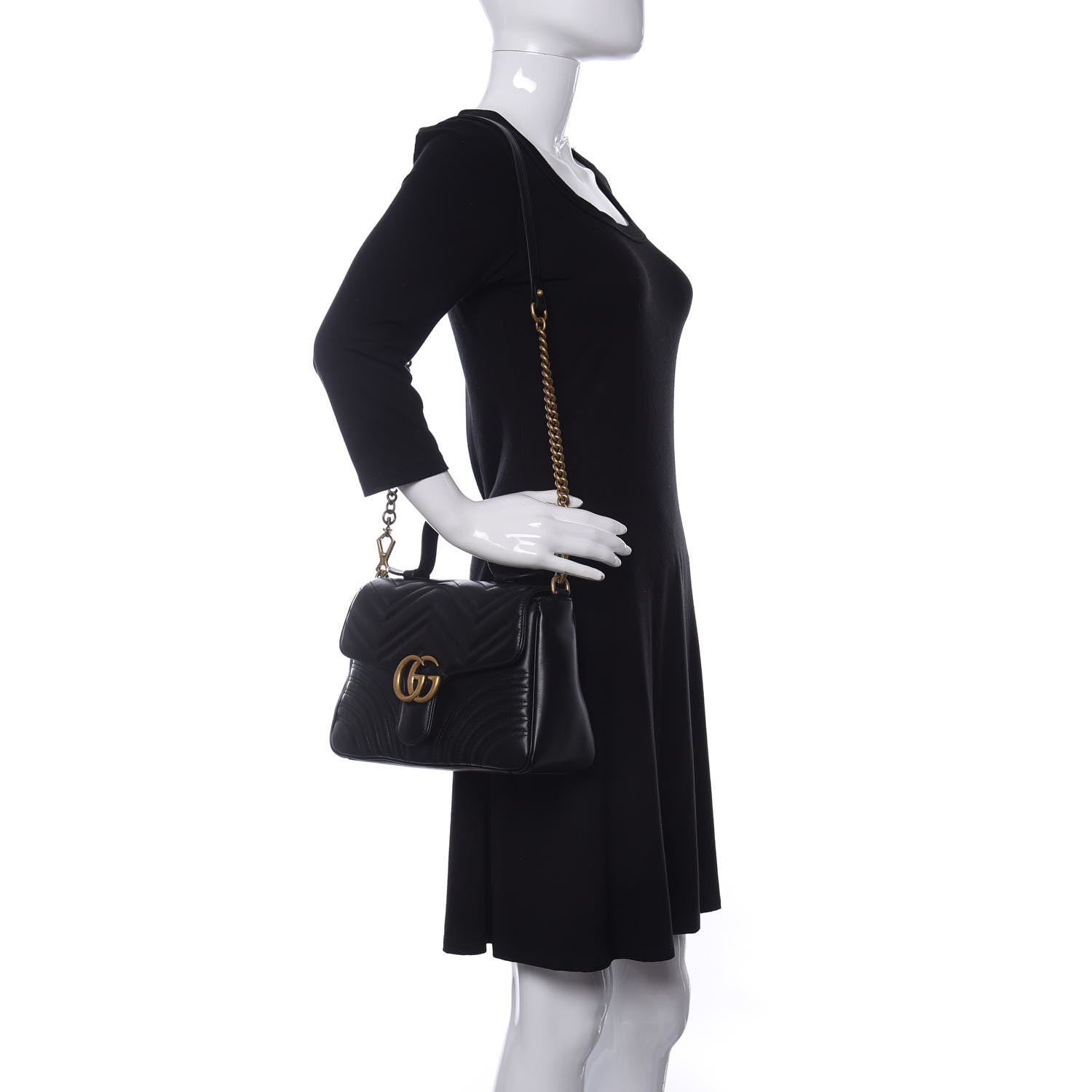 Gucci Calfskin Matelasse Small GG Marmont Top Handle Shoulder Bag Black 2 of 13