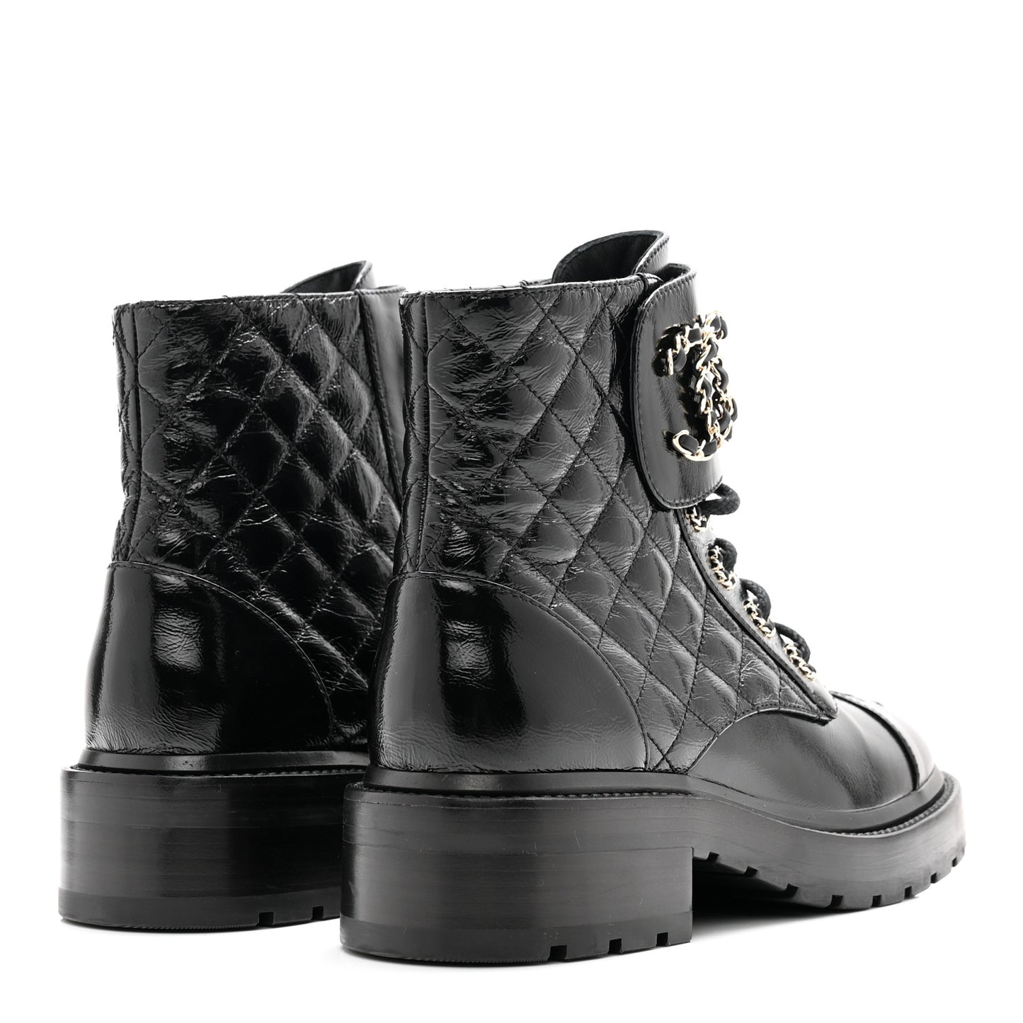 Shiny Calfskin Quilted Lace Up Combat Boots 36 Black