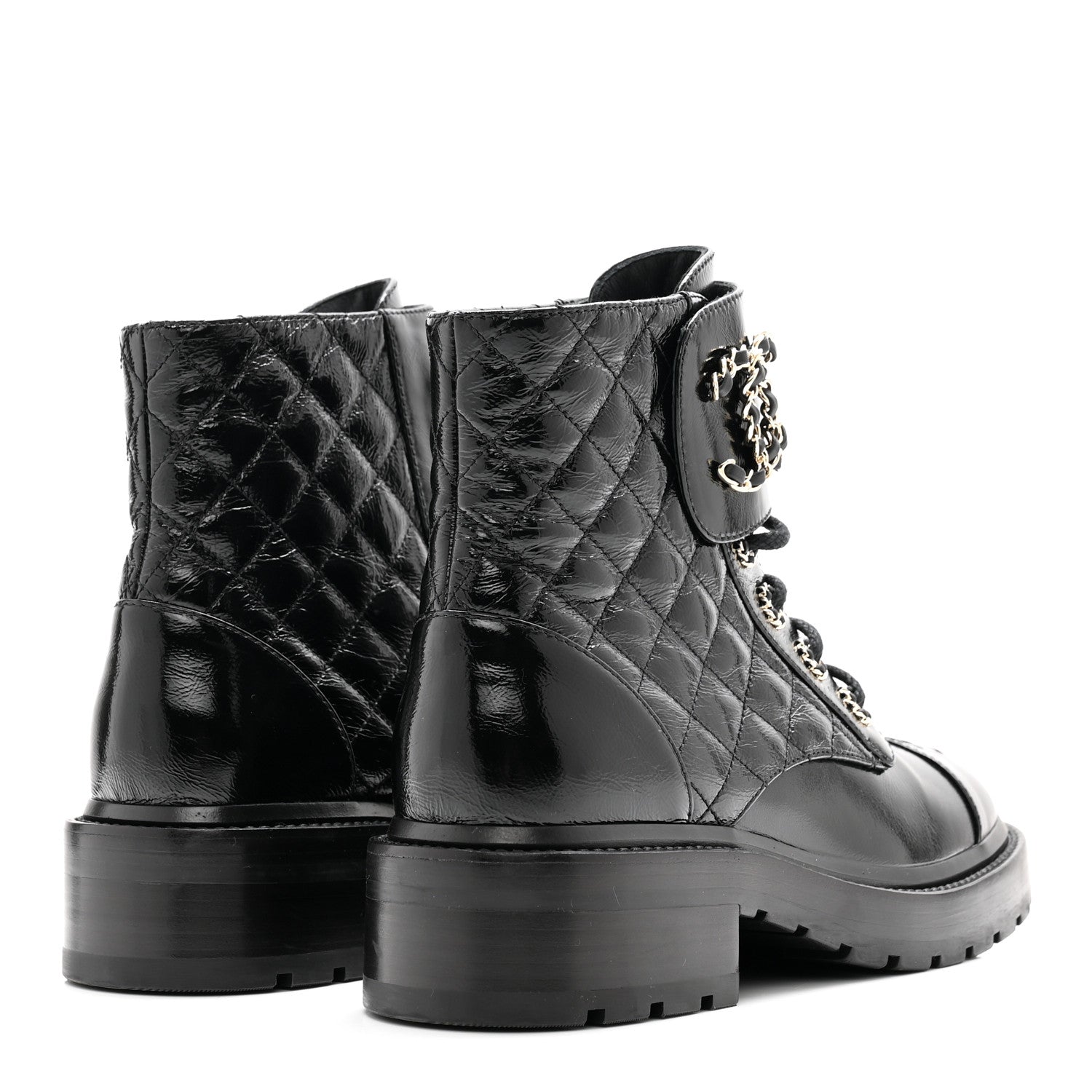 Chanel Shiny Calfskin Quilted Lace Up Combat Boots 36 Black 4 of 11