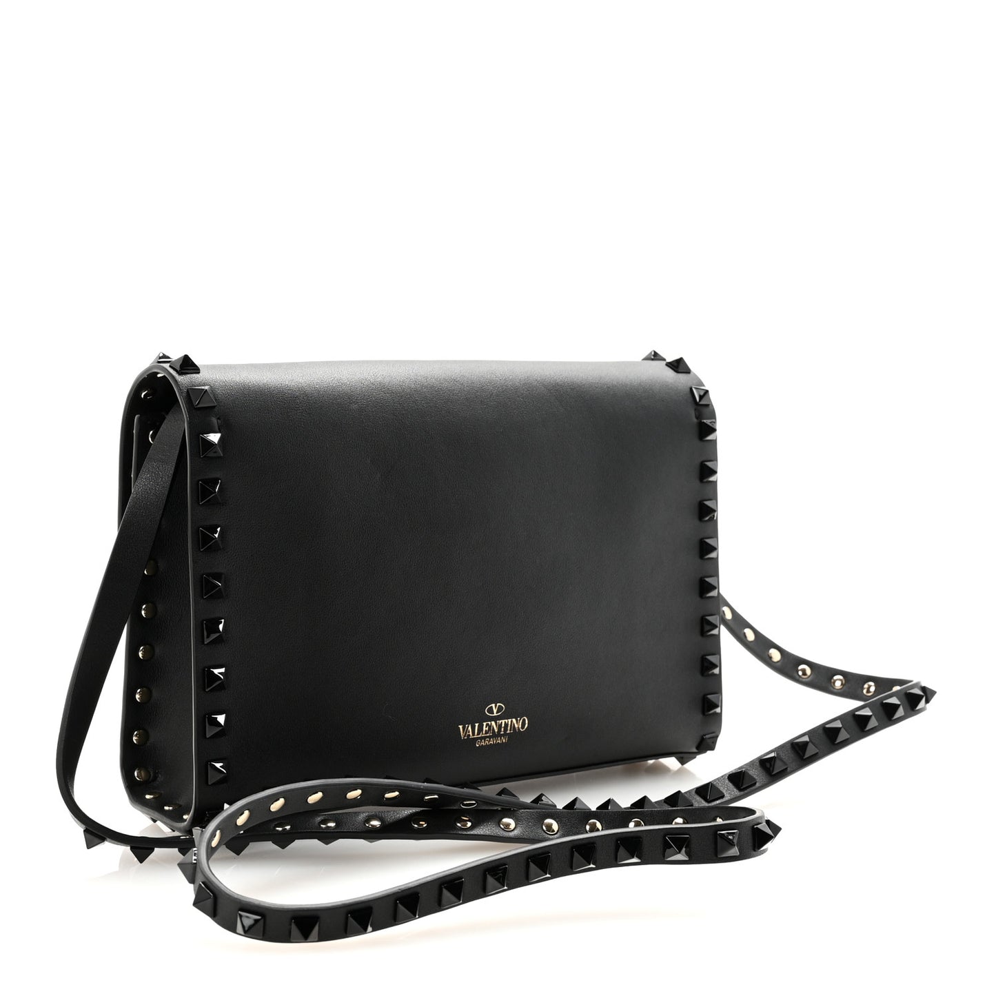 Vitello Monochrome Medium Rockstud Flip Lock Crossbody Bag Black
