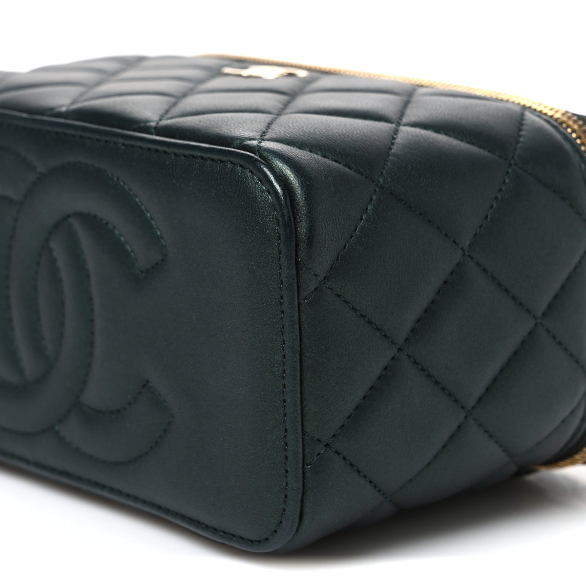 Iridescent Lambskin Quilted Small Top Handle Vanity Case With Chain Dark Green