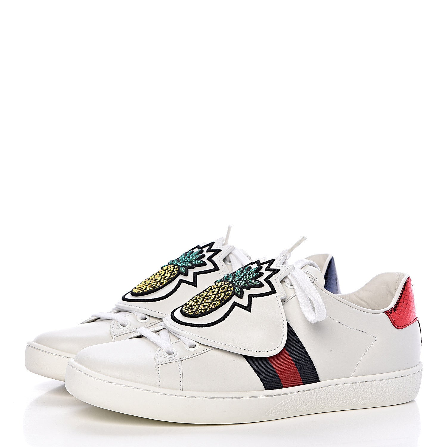 Gucci Calfskin Ayers Crystal Web Womens New Ace Pineapple Sneakers 37 White 3 of 11