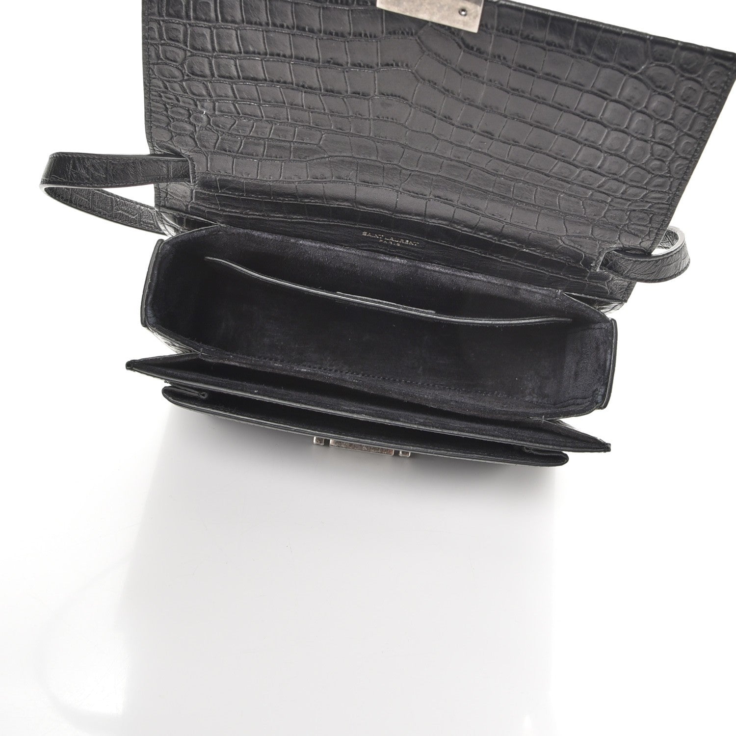 Saint Laurent Calfskin Crocodile Embossed Medium Bellechasse Satchel Matte Black 5 of 9