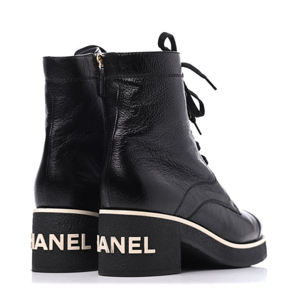 Chanel Shiny Crumpled Lambskin Lace Up Boots 39 Black 4 of 10