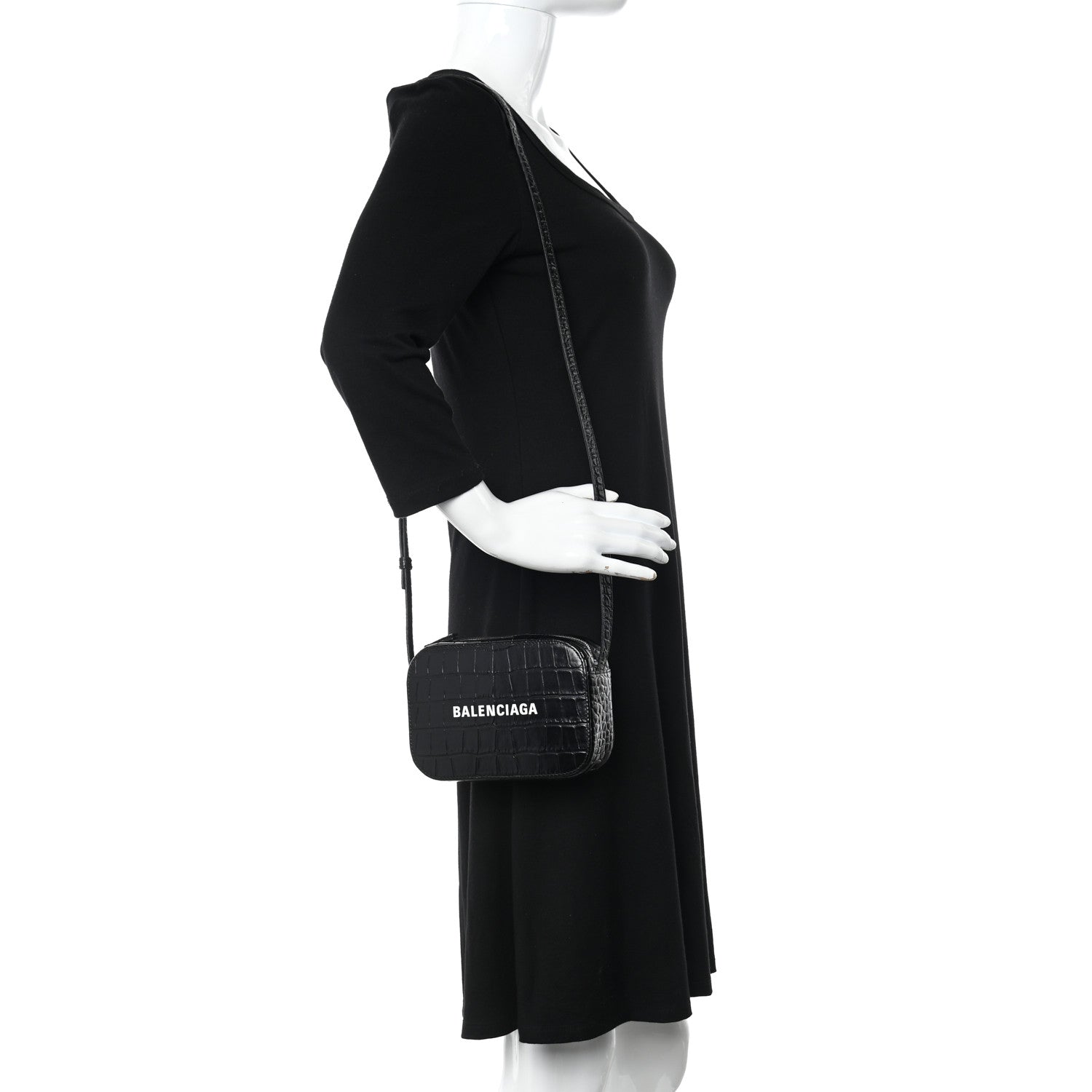 Balenciaga Shiny Calfskin Logo Crocodile Embossed XS Everyday Camera Bag Black 2 of 12