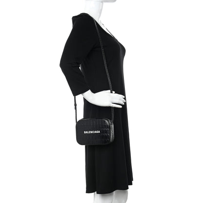 Balenciaga Shiny Calfskin Logo Crocodile Embossed XS Everyday Camera Bag Black 2 of 12