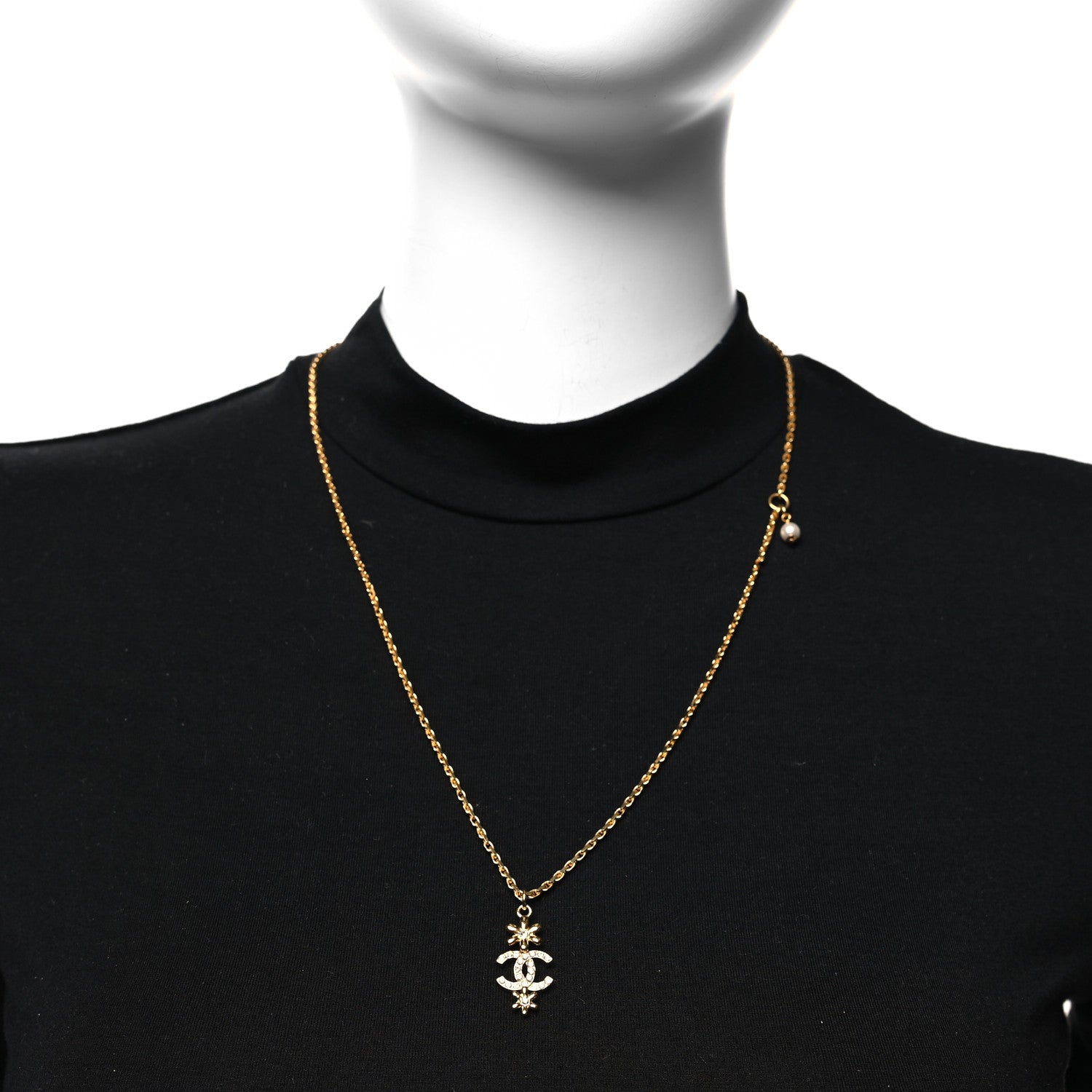 Chanel Pearl Crystal CC Flower Pendant Necklace Gold White 2 of 5