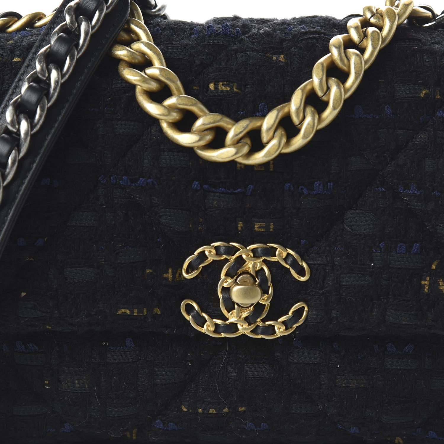 Chanel Tweed Quilted Medium 19 Flap Black Navy Gold 10 of 11