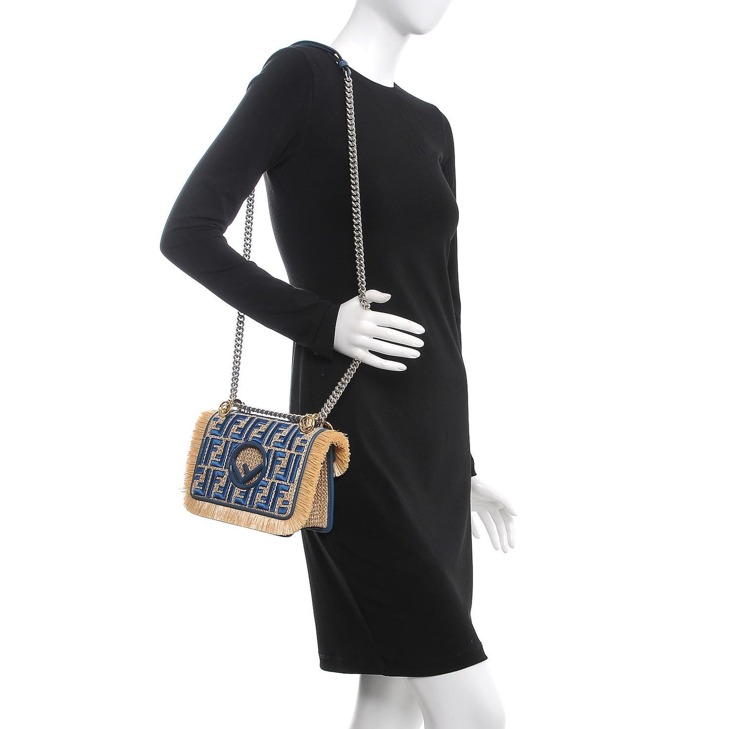 Raffia Vitello Century F is Fendi FF Embroidered Fringe Small Kan I Shoulder Bag Natural Blue