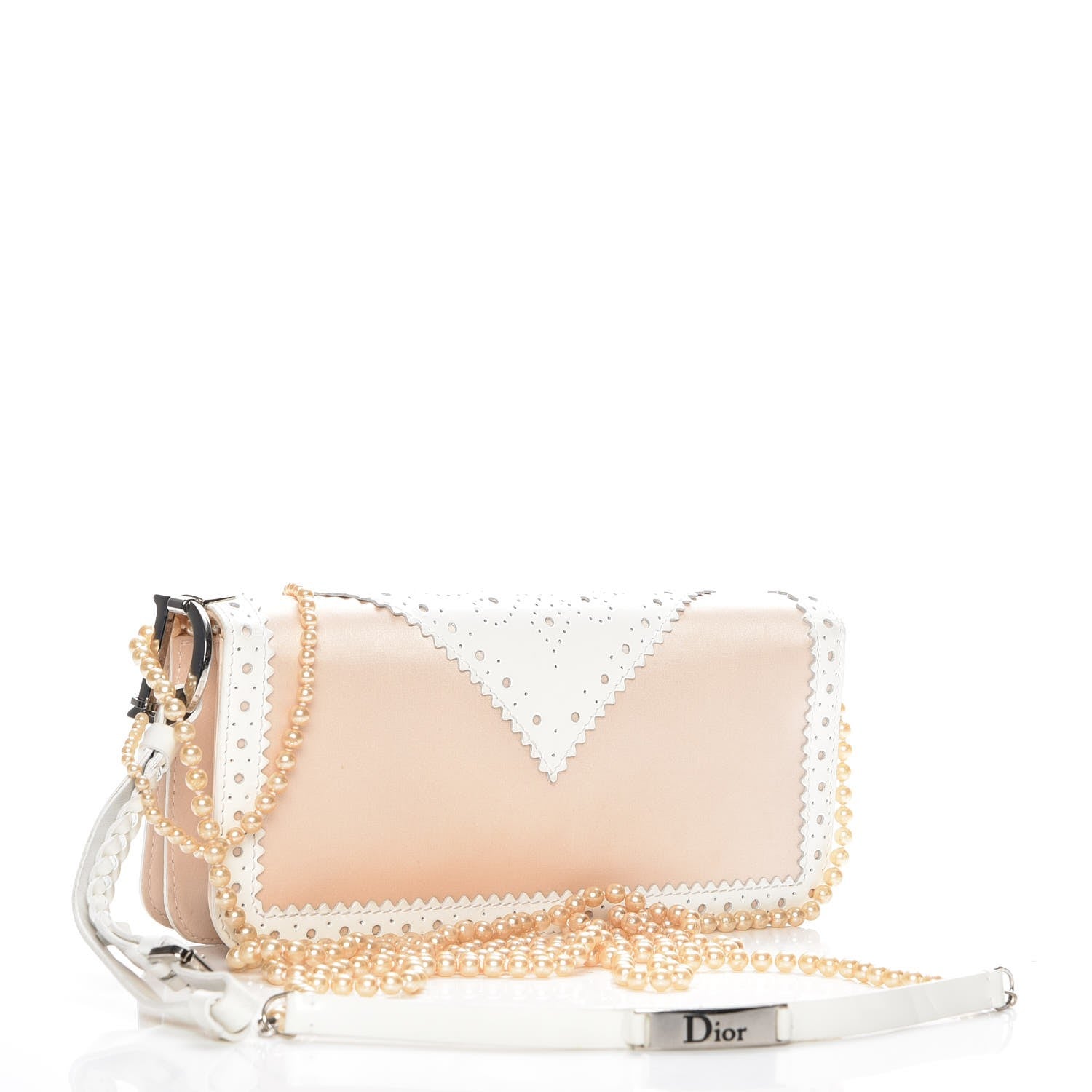 Christian Dior Satin Leather Perforated Pearl Clutch Pink White 4 of 9