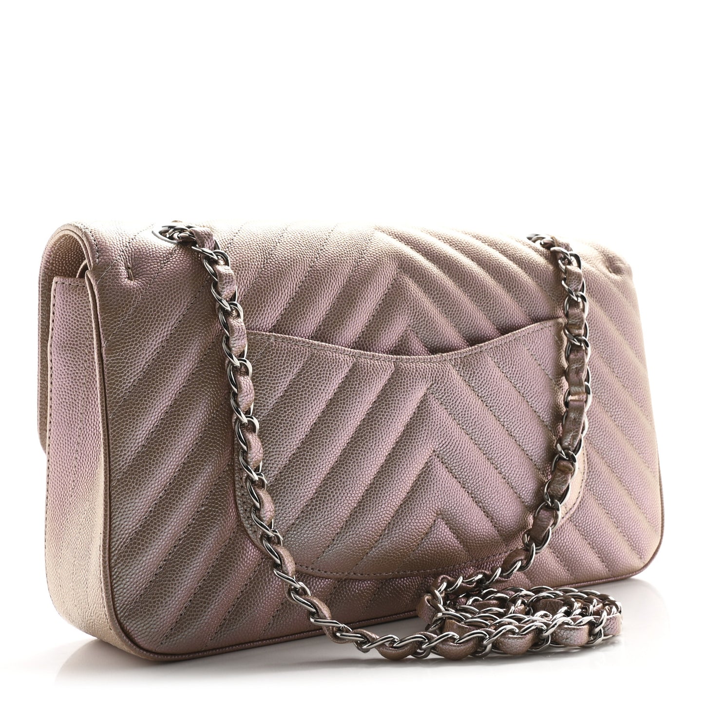 Metallic Caviar Chevron Quilted Medium Double Flap Light Gold