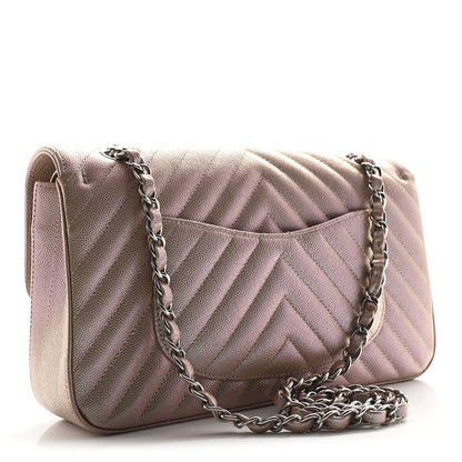 Chanel Metallic Caviar Chevron Quilted Medium Double Flap Light Gold 3 of 11