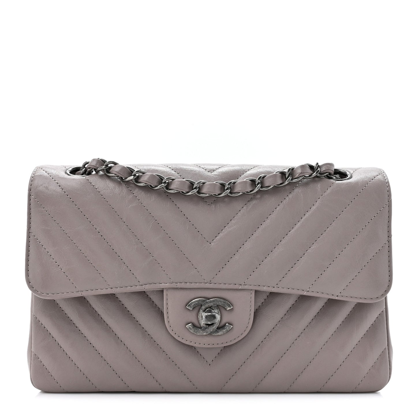 Crumpled Calfskin Chevron Quilted Small Double Flap Grey