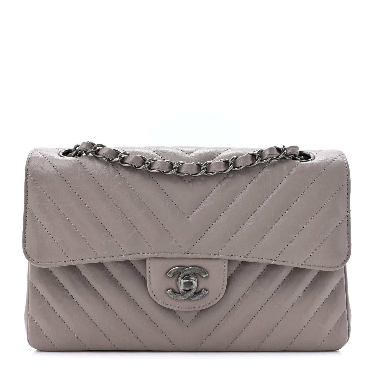 Chanel Crumpled Calfskin Chevron Quilted Small Double Flap Grey 1 of 10