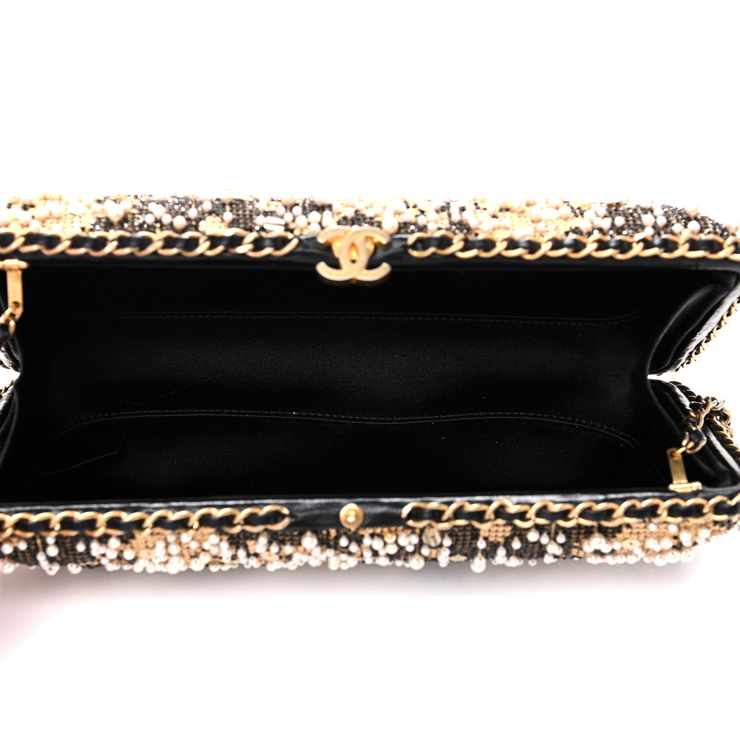 Chanel Pearl Crystal Chain Around Evening Clutch Black Gold 5 of 11