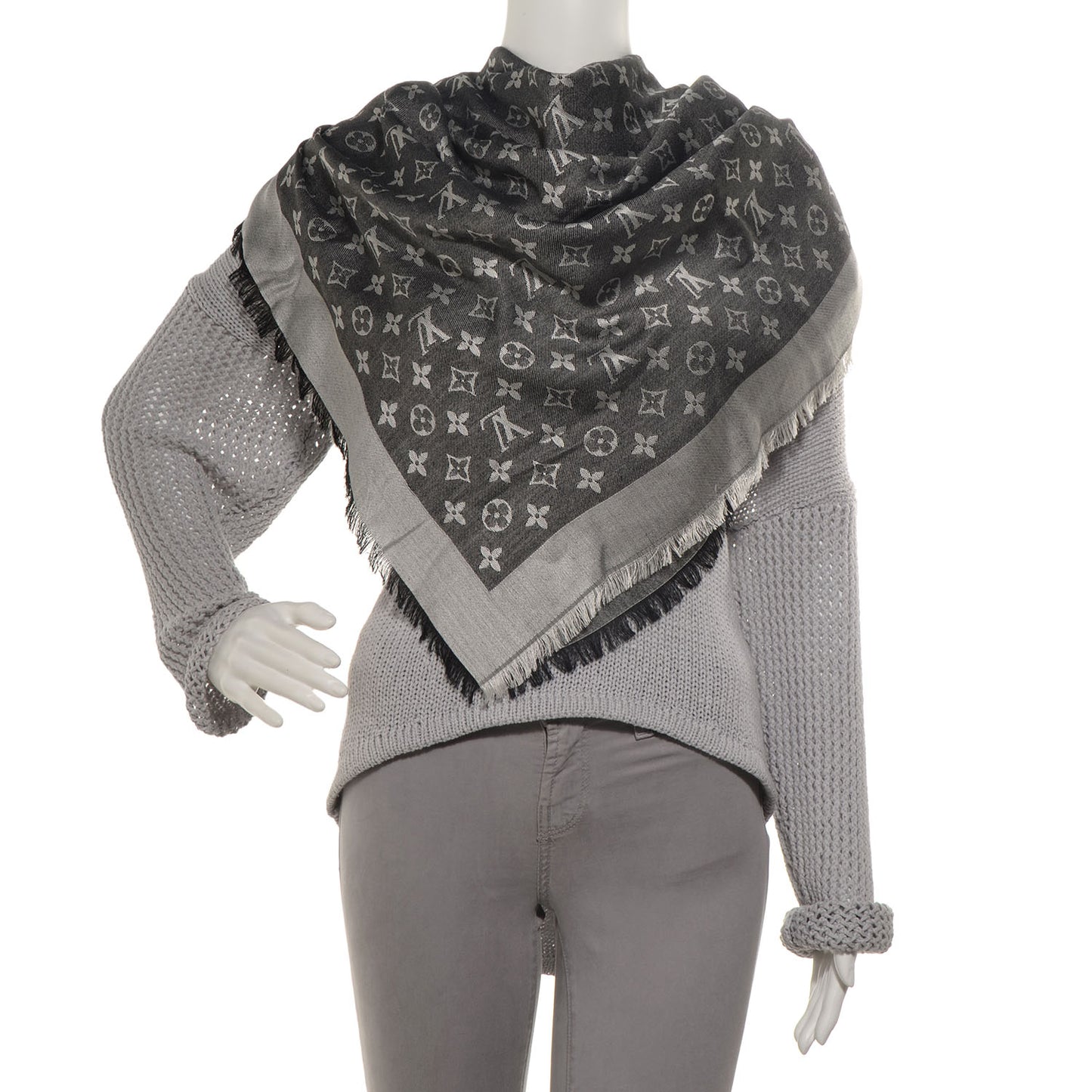 Wool Silk Monogram Denim Shawl Black