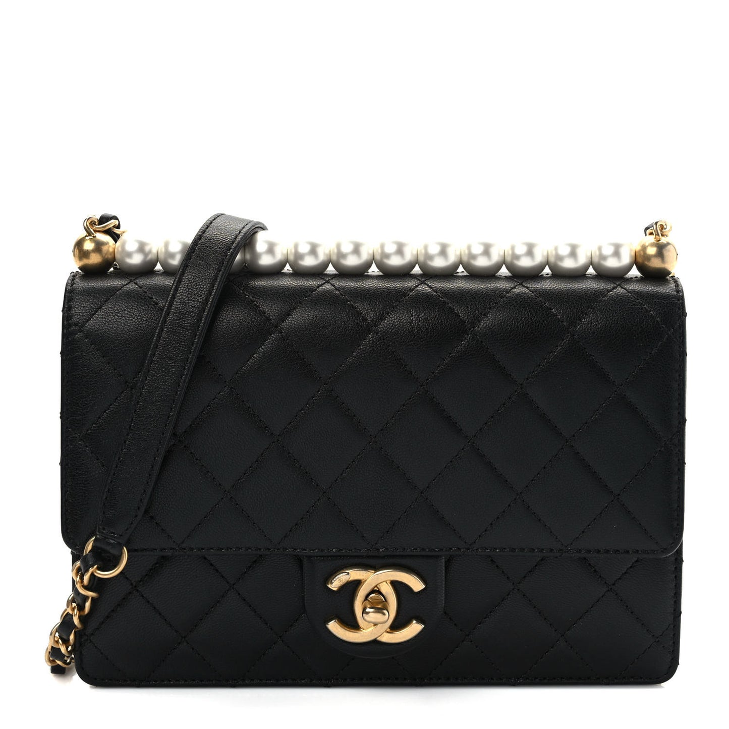Goatskin Quilted Small Chic Pearls Flap Black