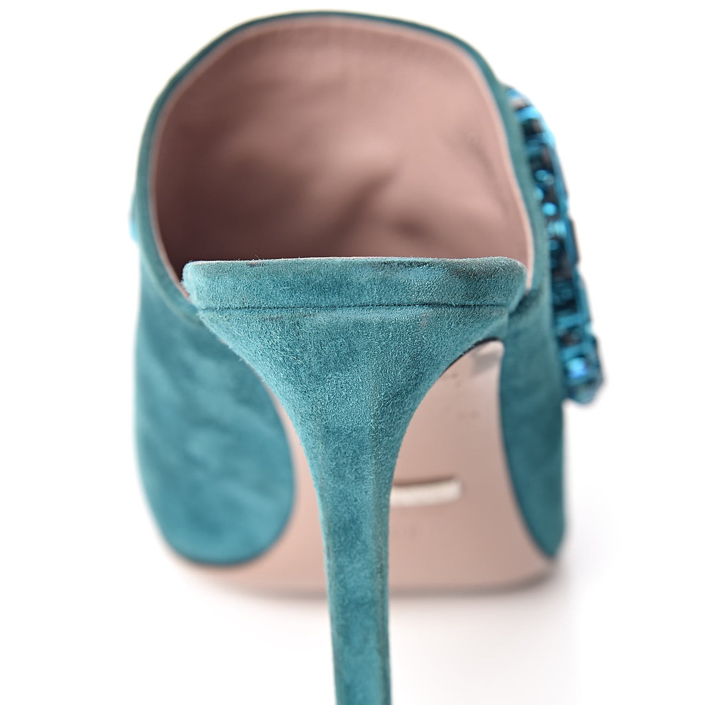 Suede Crystal Maxine Horsebit High Heel Slides 38 Dusty Turquoise