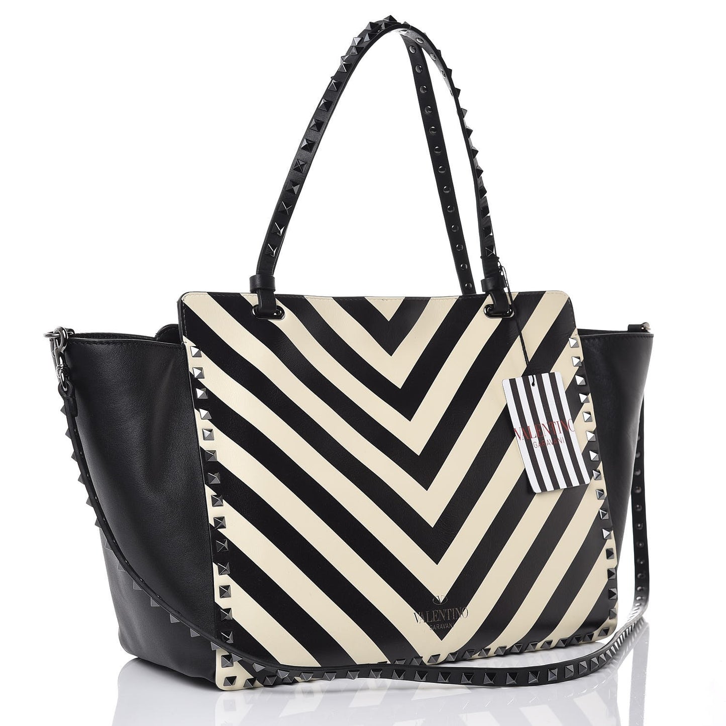 Calfskin Chevron Medium Rockstud Tote Light Ivory Black