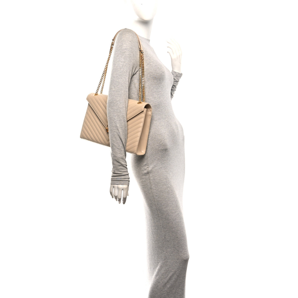Saint Laurent Grain De Poudre Matelasse Chevron Large Monogram Satchel Dark Beige 2 of 11