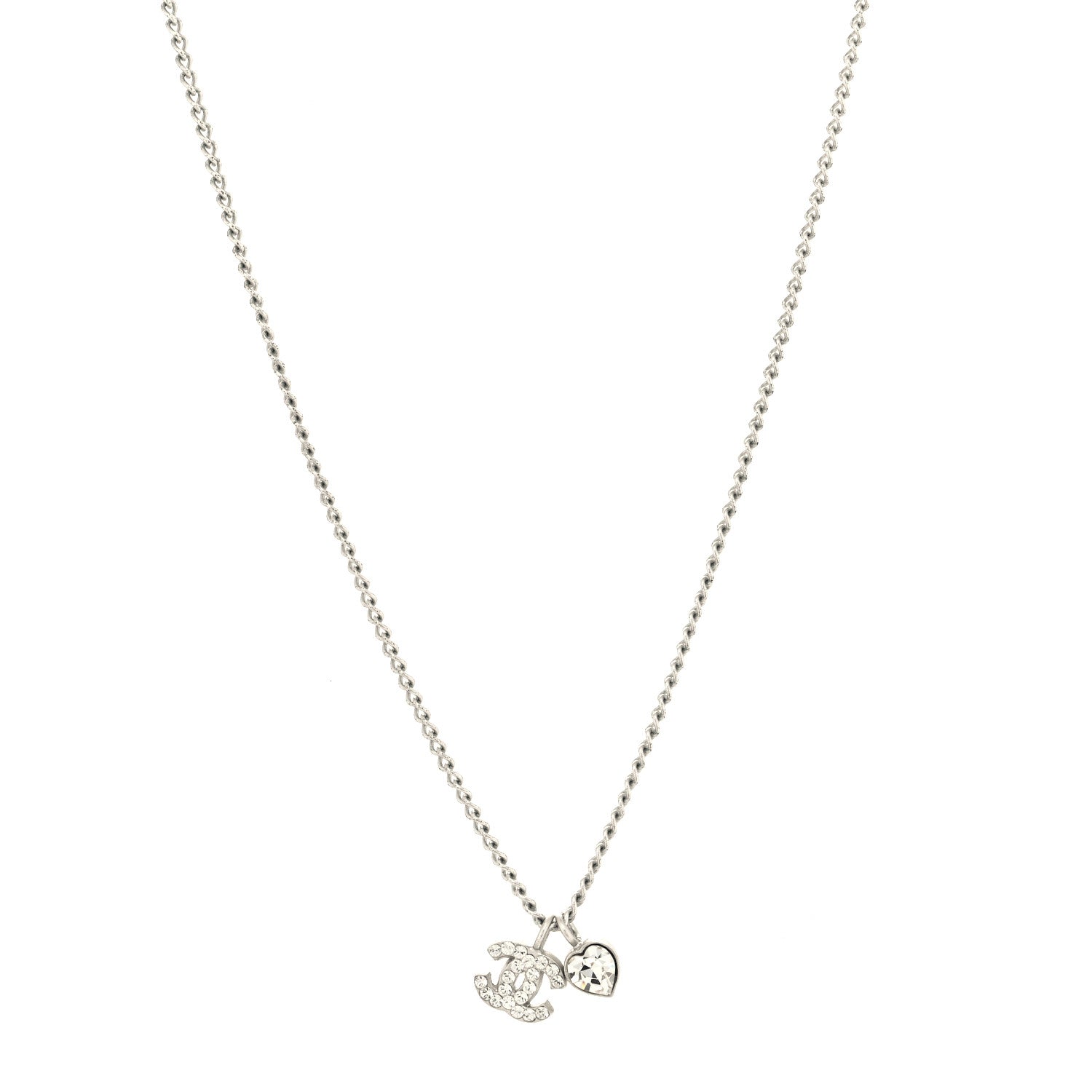 Chanel Crystal Mini Heart CC Necklace Silver 1 of 5