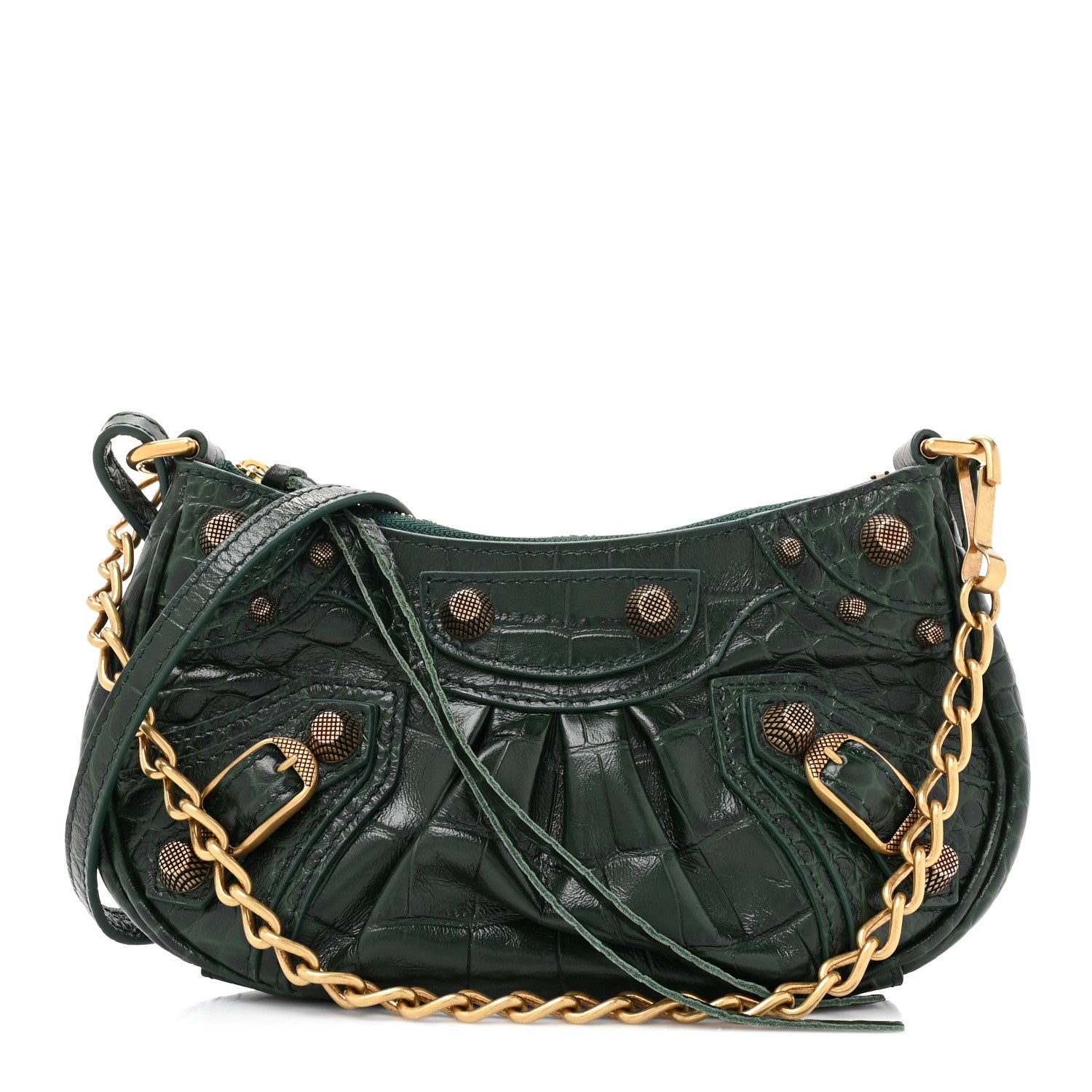 Balenciaga Extra Supple Calfskin Crocodile Embossed Mini Le Cagole Purse With Chain Forest Green 1 of 10