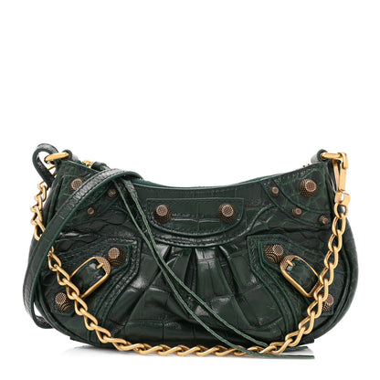 Balenciaga Extra Supple Calfskin Crocodile Embossed Mini Le Cagole Purse With Chain Forest Green 1 of 10