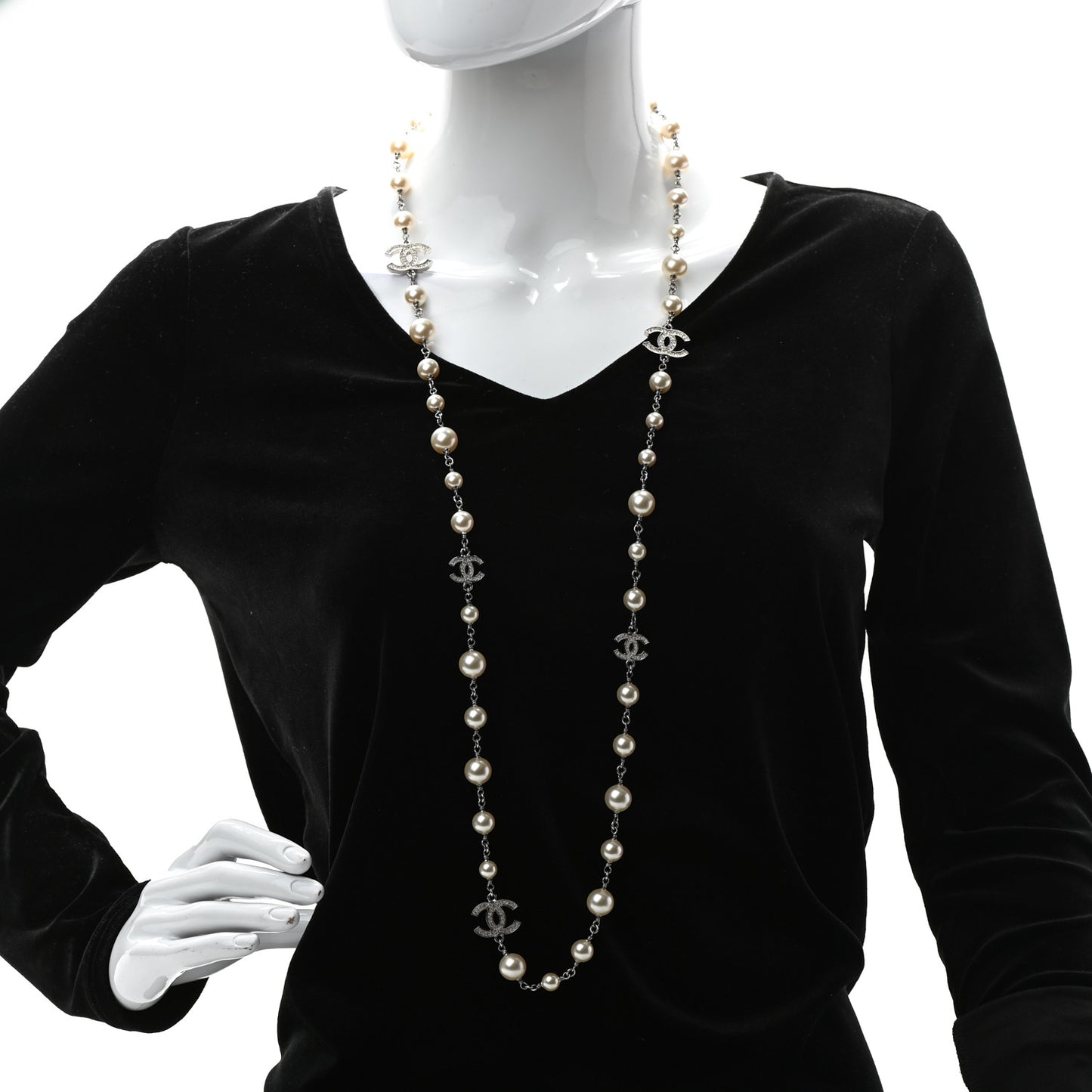 Crystal Pearl CC Long Necklace Silver
