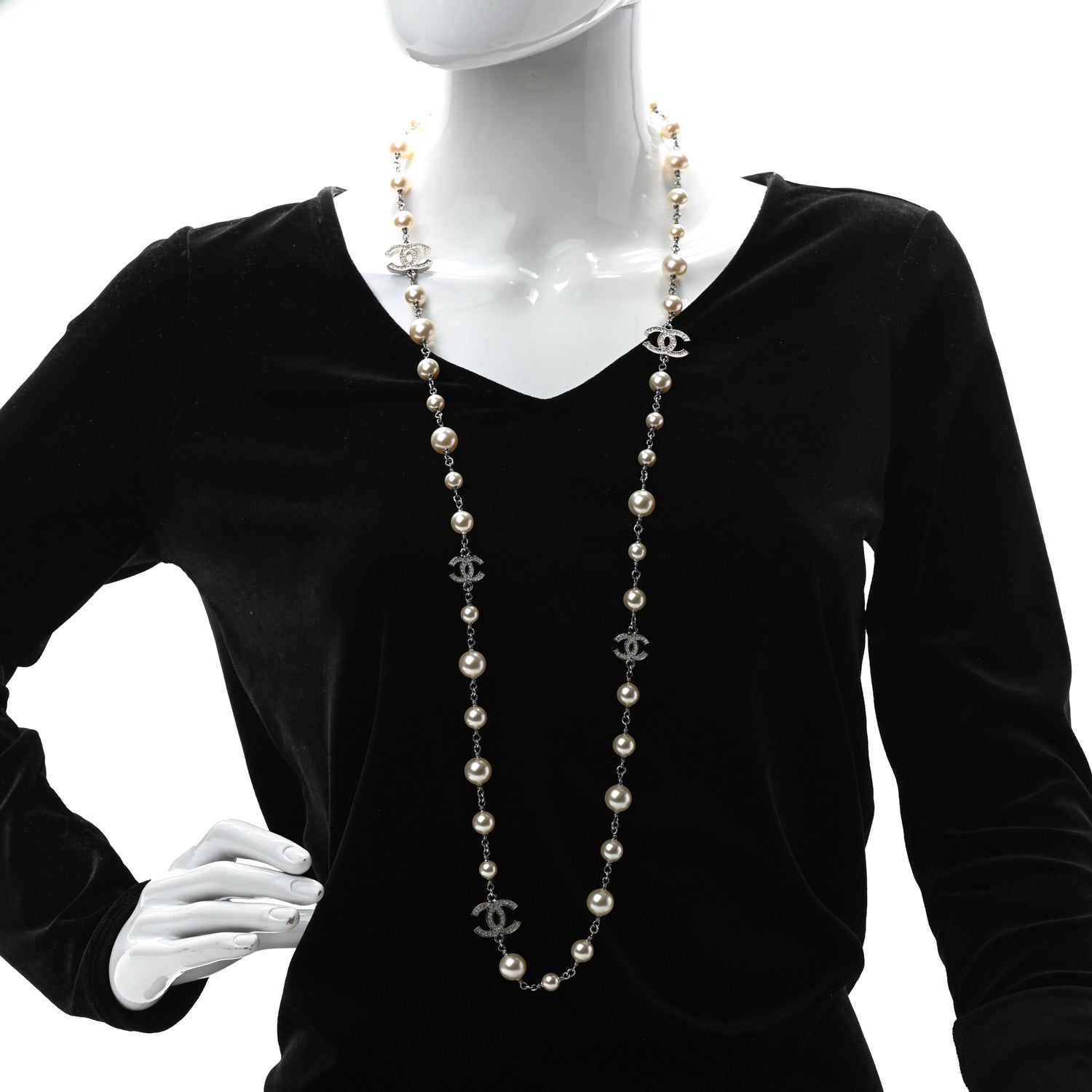 Chanel Crystal Pearl CC Long Necklace Silver 2 of 5