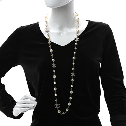 Chanel Crystal Pearl CC Long Necklace Silver 2 of 5
