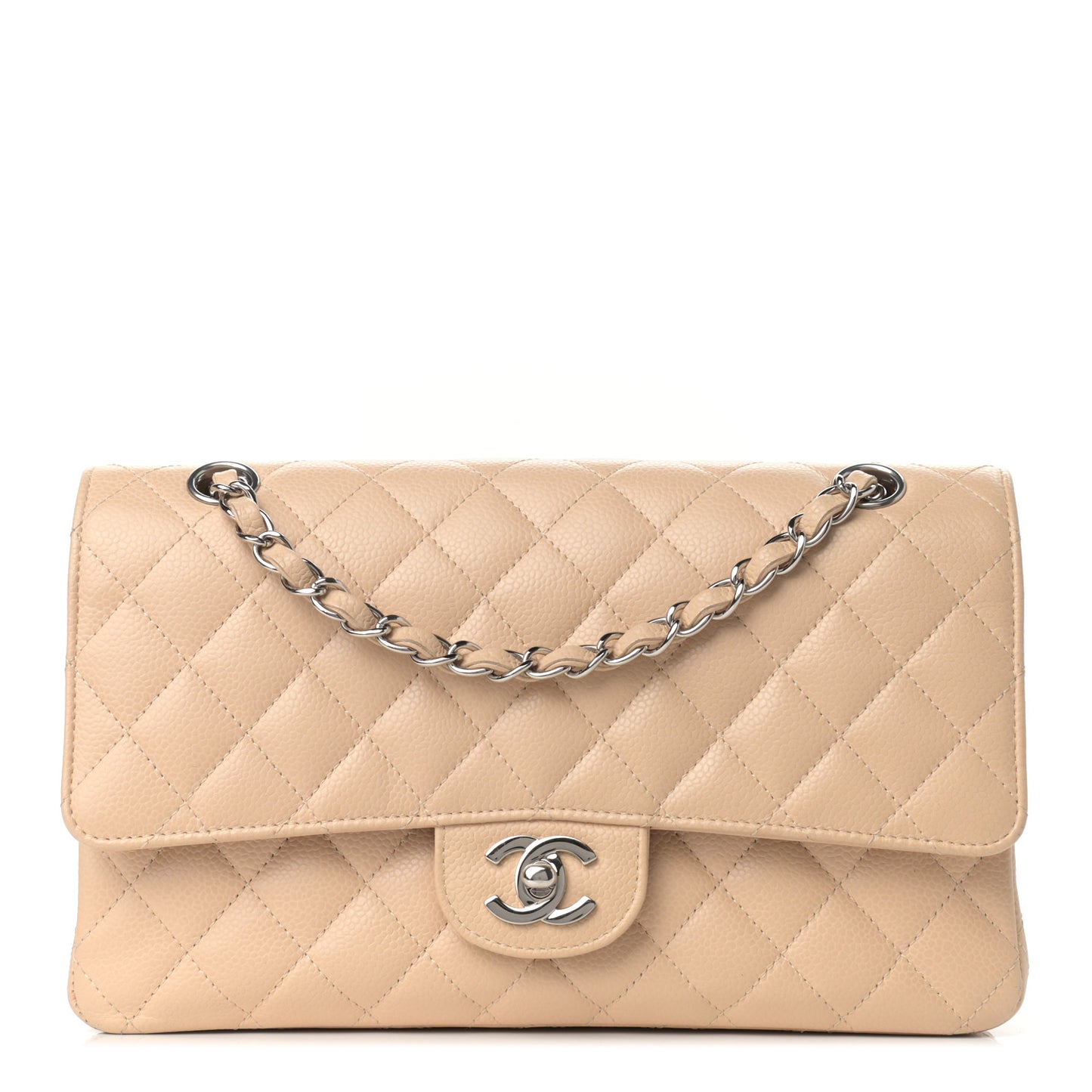 Caviar Quilted Medium Double Flap Beige