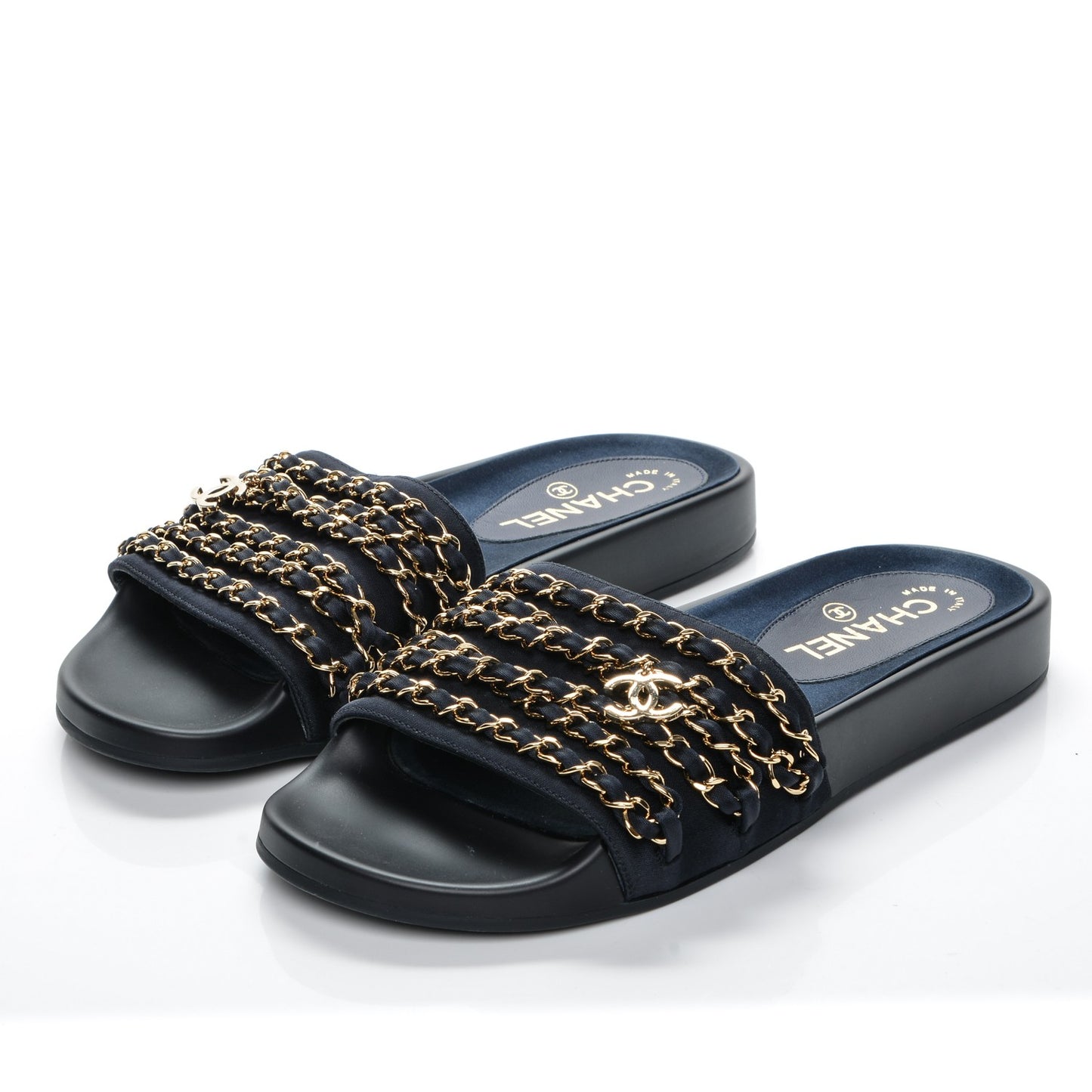 Lambskin Canvas Chain Flat Sandals 38 Marine