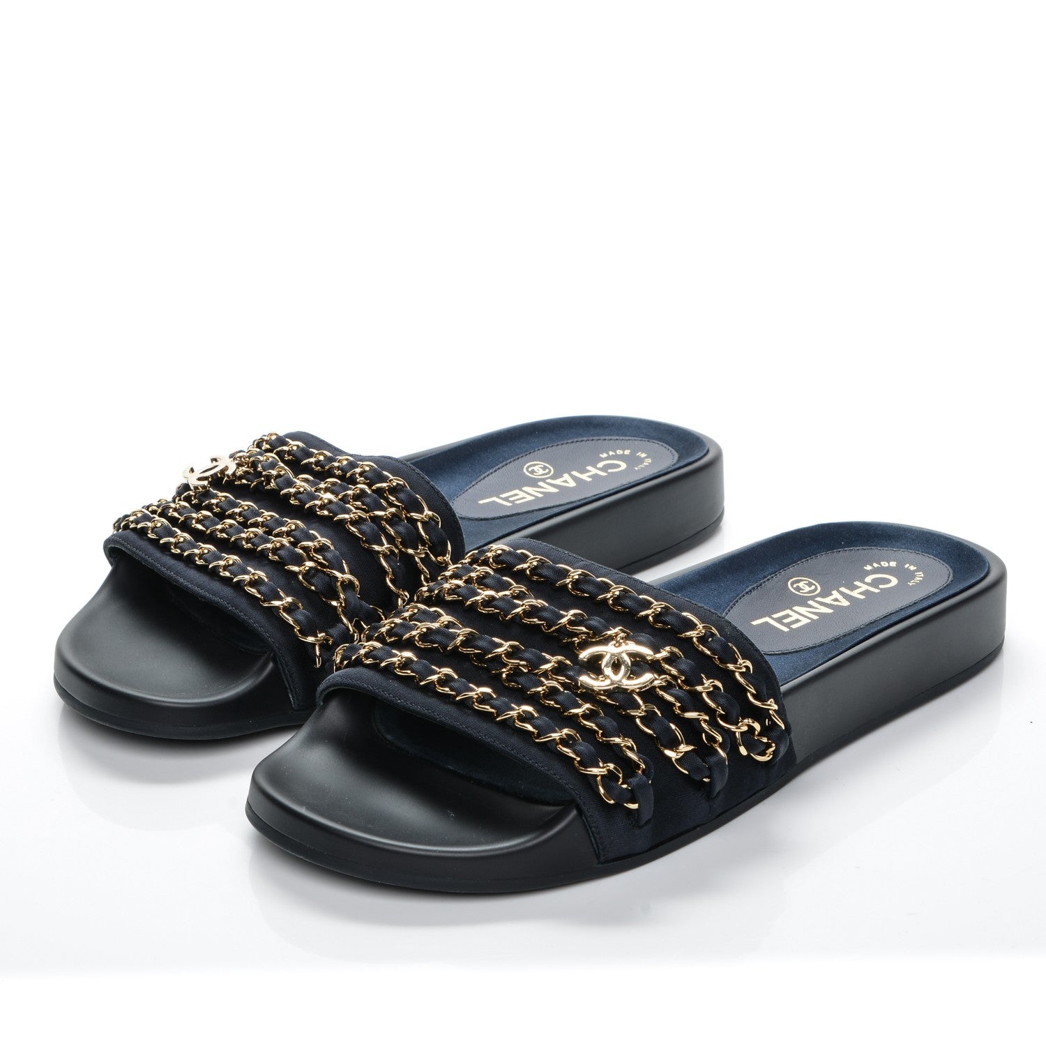 Chanel Lambskin Canvas Chain Flat Sandals 38 Marine 3 of 7