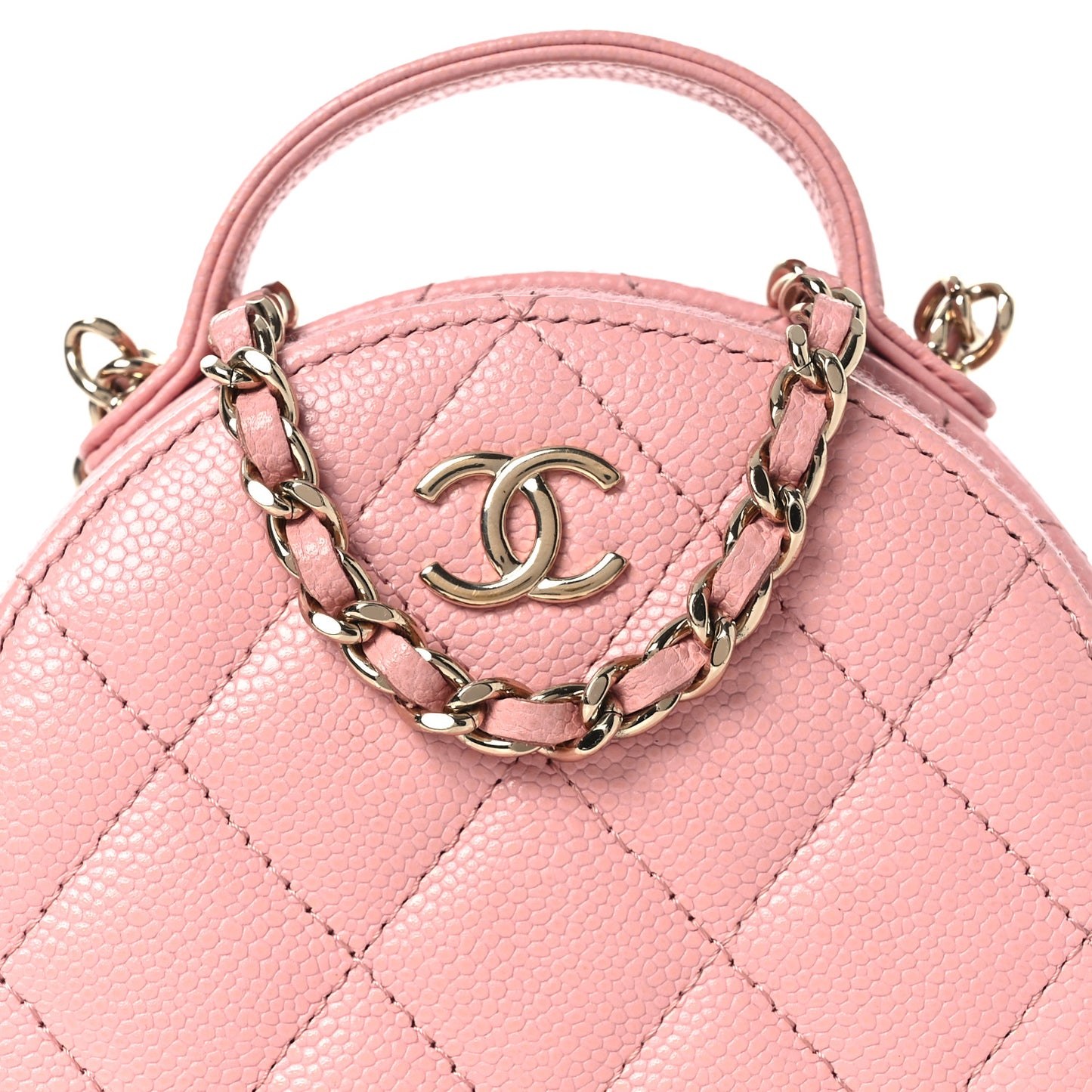 Caviar Quilted Round Handle With Care Vanity With Chain Pink