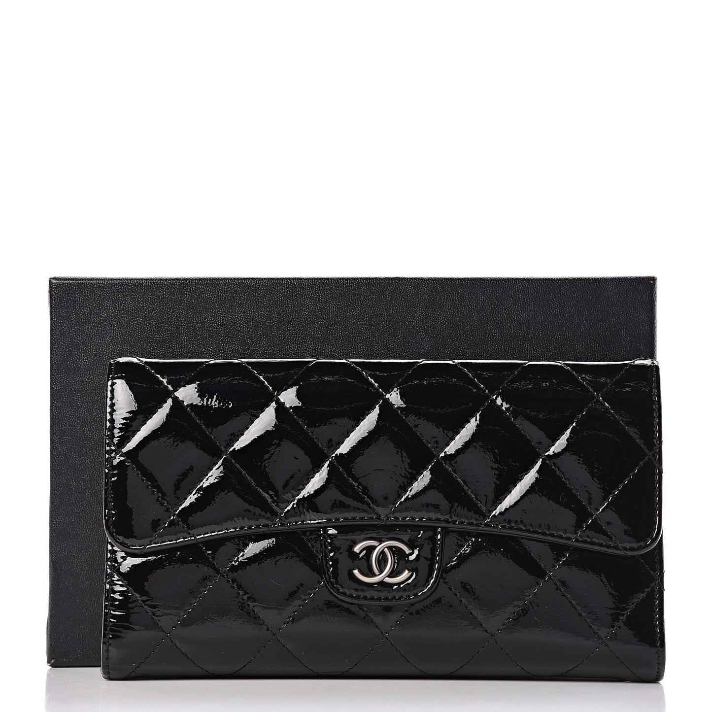 Patent Quilted Large Flap Wallet Black
